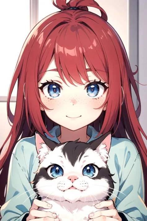 anime girl with red hair holding a cat in her arms