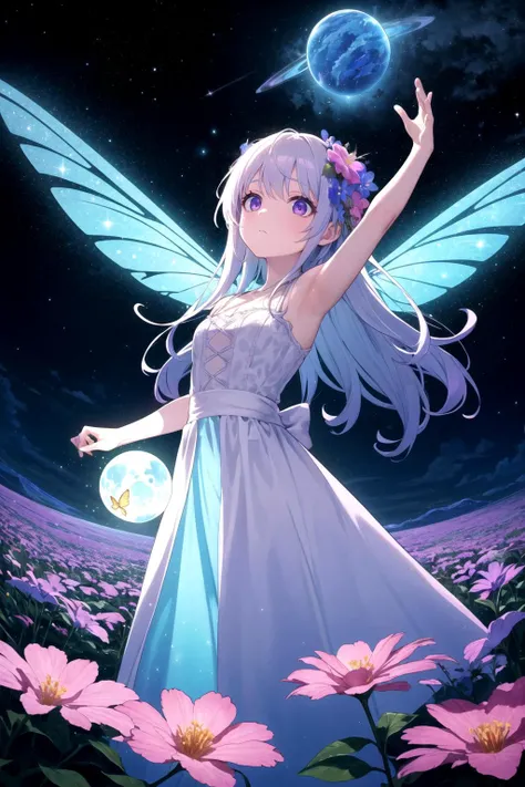 a girl in a dress with a butterfly wings and a flower in her hand