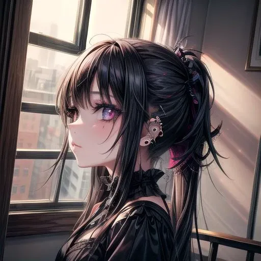 anime girl with long black hair and pink eyes looking out a window