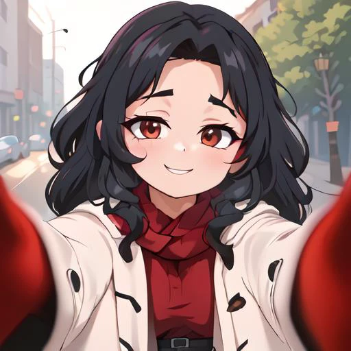 anime girl with long black hair and red scarf holding up her hands