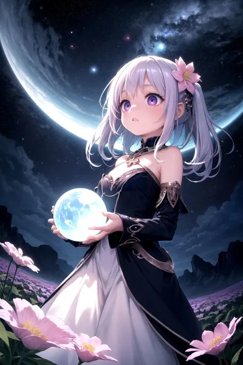 a woman in a dress holding a crystal ball in front of a full moon