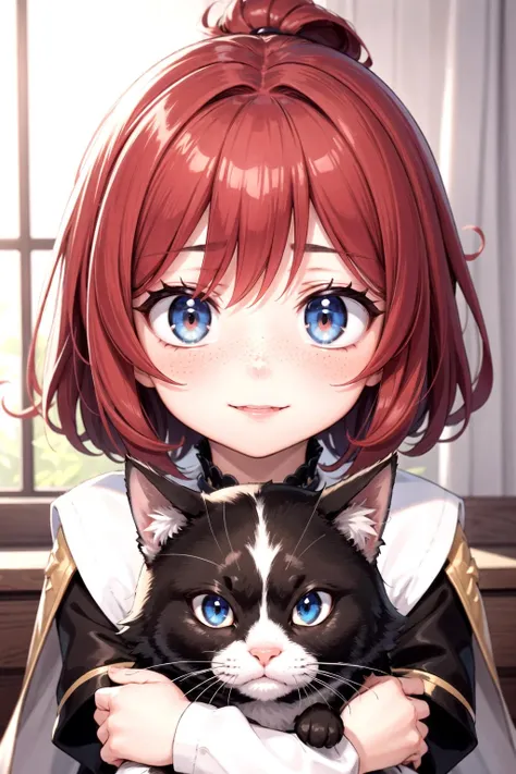 anime girl with red hair holding a cat in her arms