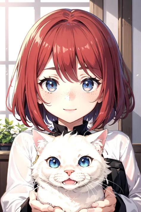 anime girl holding a white cat in her arms