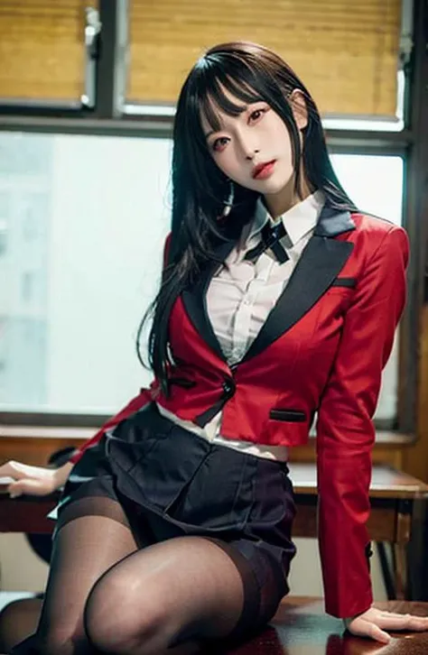 (Realistic:1.2) , red_Student_Girl, in classroom, daytime, red short jacket, black stockings, big breast, sexy, erotic, extremely beautiful,evil eyes, look at viewer, red eyes and face with great detail, midriff, sexy groin, slender, slim body, slim waist,...