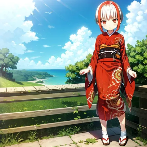 sfw, 1girl, solo, sumi (monobeno), flat chest, two-tone hair, red eyes, blunt bangs, standing, coy, jitome, short hair, beautiful detailed eyes, <lora:SumiMonobeno:0.7>,
BREAK,
(red kimono, print kimono, tabi, geta:1.3), day, blue sky, (world war 2:1.4), m...