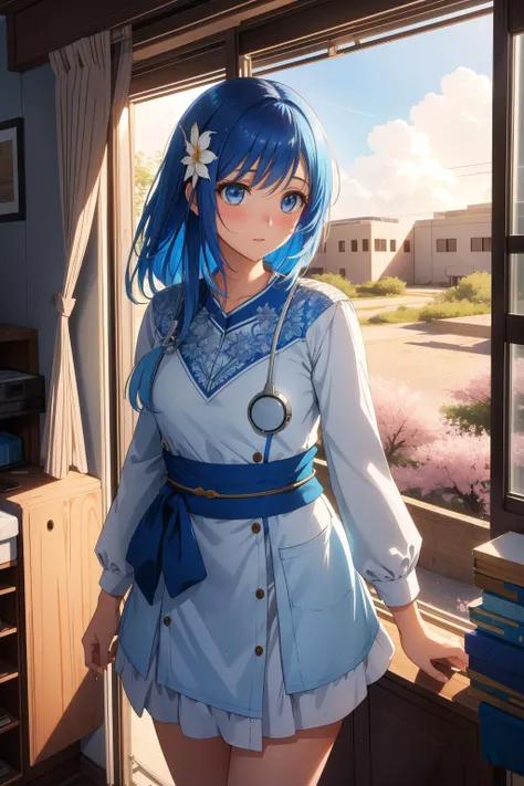 a woman with blue hair and a blue dress standing in front of a window