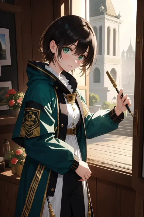 anime girl in green coat holding a wand and looking out a window