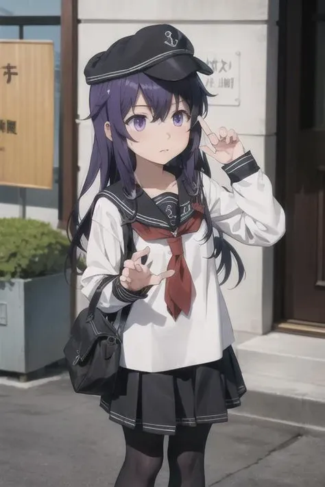 anime girl in uniform with hat and backpack on the street