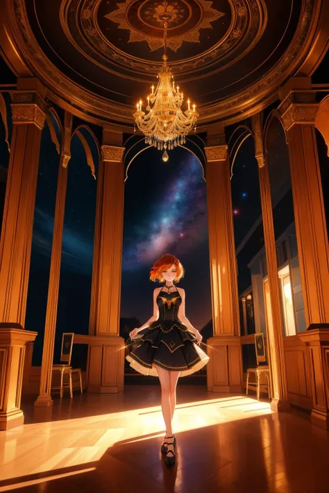 a woman in a black dress standing in a room with a chandelier