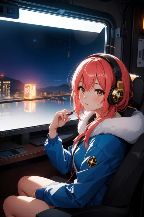 anime girl sitting in a train looking out the window