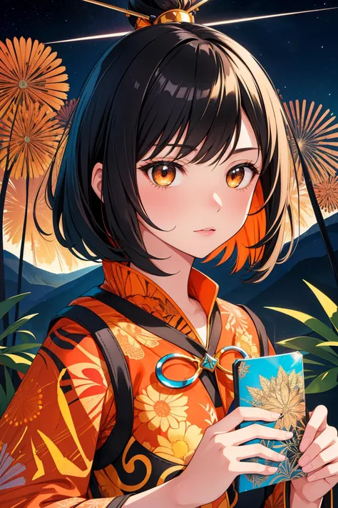 a woman in a kimono outfit holding a cup of tea