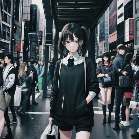 anime girl in black dress standing in a crowded city street