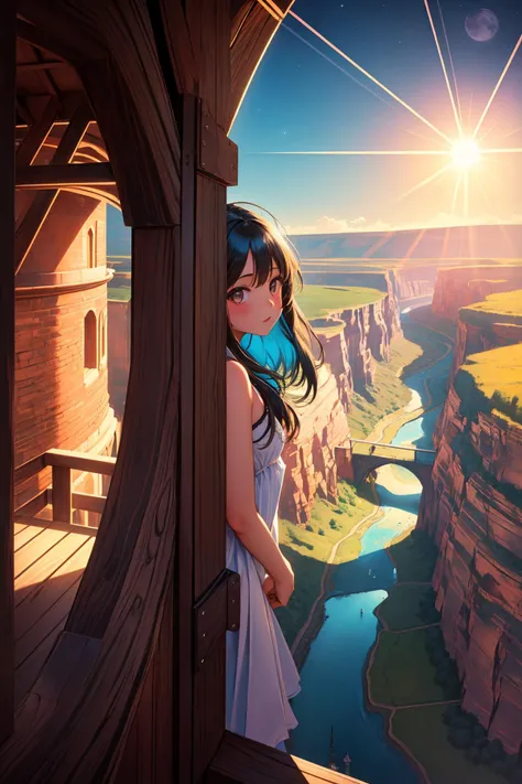 a woman standing on a balcony looking out at a valley