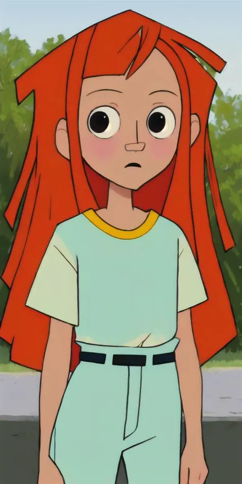 a cartoon girl with red hair and a white shirt