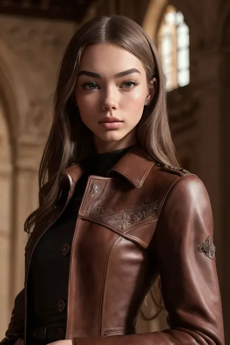 photo of S158_JosieLane, a gorgeous woman, in a (castle:1.1), wearing a (leather-coat:1.2), (8k, RAW photo, best quality, depth of field, ultra high res:1.2), (absurdres, intricate, photorealistic, masterpiece, ultra-detailed:1.3)