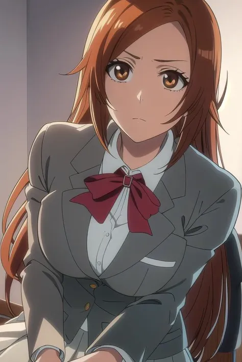 inoueorihime, <lora:inoueorihimeTBWtest:1>,
inoue orihime, long hair, orange hair, (brown eyes:1.5),
BREAK school uniform, blazer, ribbon, neck ribbon, bow, bowtie, red bow, grey blazer, grey skirt,
BREAK looking at viewer,
BREAK indoors, classroom,
BREAK ...