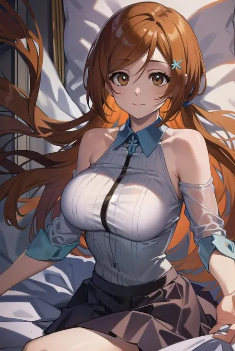 inoueorihime, <lora:inoueorihime-000051:1>, inoue orihime, orange, hair, long hair, (brown eyes:1.5), hairpin, smile, (medium breast:1.2), BREAK looking at viewer, BREAK school uniform BREAK indoors, bed, bedroom, BREAK <lora:GoodHands-vanilla:1>, (masterp...