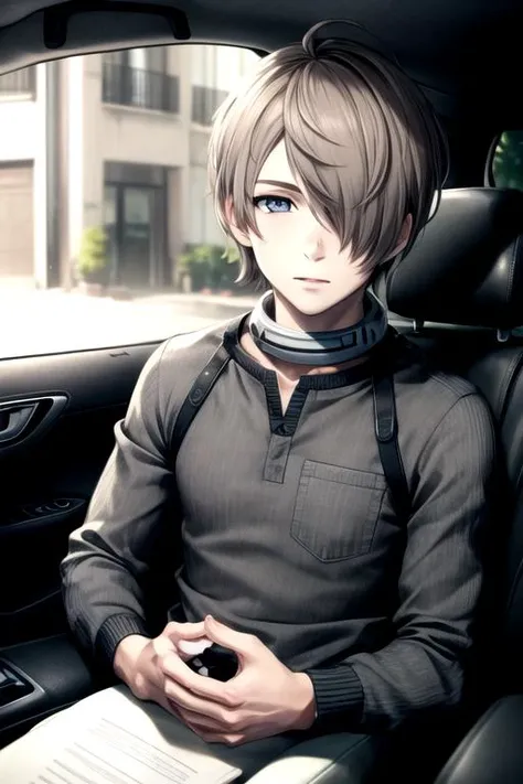 masterpiece, best quality, , 1boy, solo, male focus, looking at viewer, , depth of field, ligne claire, , <lora:you_takami:0.82>, you_takami, taupe hair, grey eyes, hair over one eye, short hair, , car interior, 32k resolution