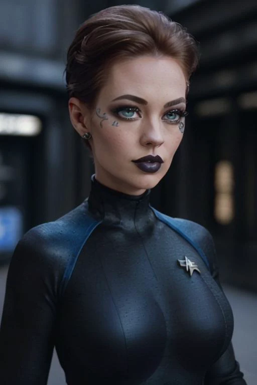 <lora:sevenofnine-000006:0.6>, ,sevenofnine, photo of a woman, ((black hair, short hair, hair tied back)), ((outdoors, detailed fantasy city, blue bodysuit, white trim)),serious, ((dark lipstick, heavy eyeliner, heavy eye shadow, blush, goth makeup)), ((be...