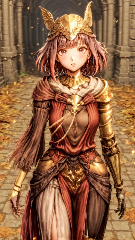 a woman in armor walking down a path in a castle