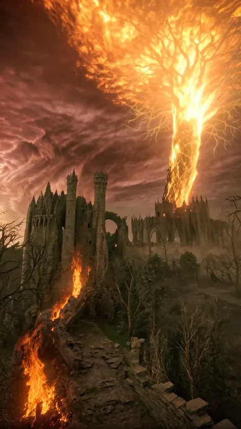 a large fire is coming out of a castle in the sky