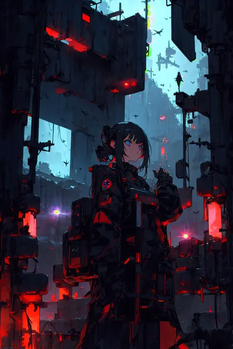 1girl, gothic, futuristic, taking a selfie, futuristic background,  <lora:ghostdom_20230621222536:1>, ghostdom, night, backlight, big plasma gun in her back