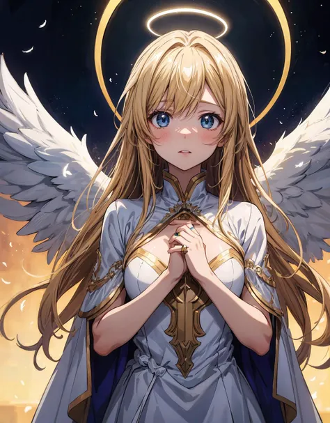 (masterpiece, best quality), (absurdres:1.3), (anime illustration:1.3), (ultra detailed, 8K, ultra highres:1.2), 1girl, young, long hair, blonde hair, cinematic composition, <lyco:more_details:0.5>, (fantasy), angel, halo angel ring, white dress, praying, ...