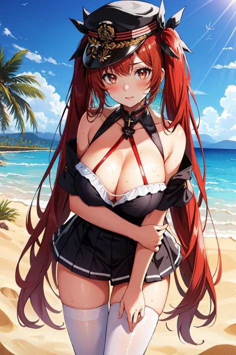 (masterpiece, best quality),  intricate details,
1girl,    <lora:honolulu_azurlane:0.8> honolulu_azurlane, long_hair, red_hair, twintails, bangs, ribbon, blush, hair_ribbon, red_eyes, breasts, black_ribbon, large_breasts, hat, cleavage, very_long_hair
 swe...