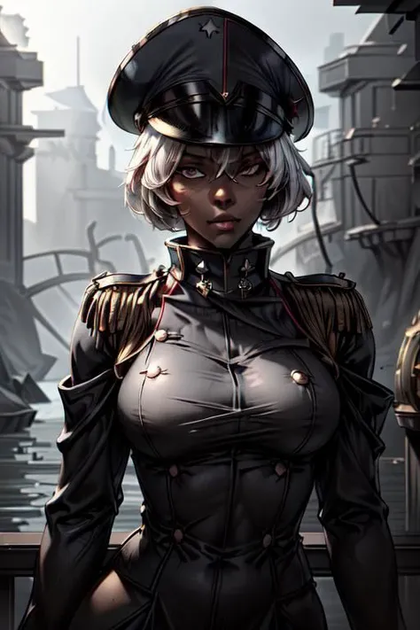 (masterpiece),
warhammer_40k_commissar,
navy (((military outfit))), medals, colar, buttons, shoulders padding,
upper body,
WhiteboxStyle,
hat,
perfect feature face,
background of central park,
WhiteboxStyle,
((dark skin)),
(white hair), short hair, floatin...