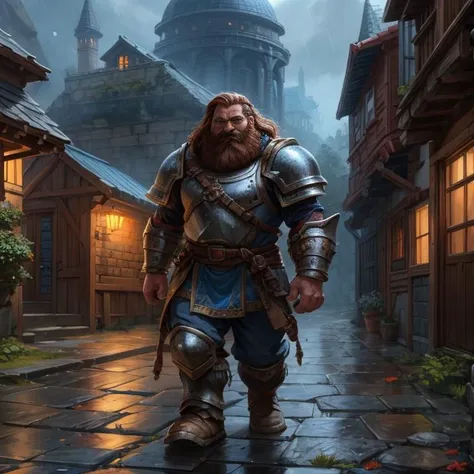 a man in armor walking down a street in a town