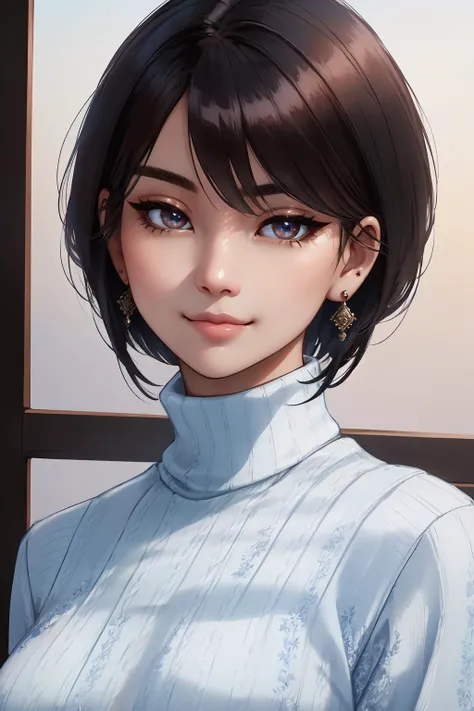 Realistic, photo of a beautiful asian woman, close up, short black hair, HairDetail, beautiful finely detailed eyes, EyeDetail, wearing blue turtleneck sweater, earrings, looking at viewer, smirk, OverallDetail, <lora:betterCuteAsian:0.3>