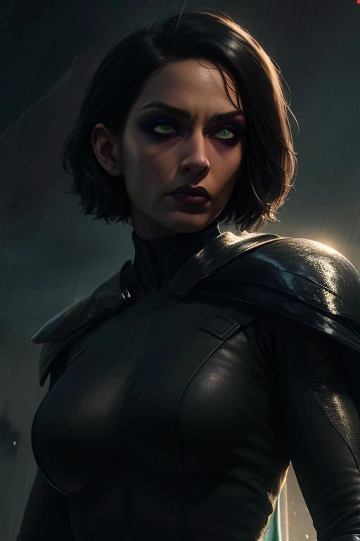 Trilla, short hair, green eyes, eye bags, eye shadow, sad expression, 
upper body,  close up,
TriArmor,cape,,armor,black gloves,tight bodysuit,black footwear,black cape,black pants,
raining,metal platform,night,
(insanely detailed, beautiful detailed face,...