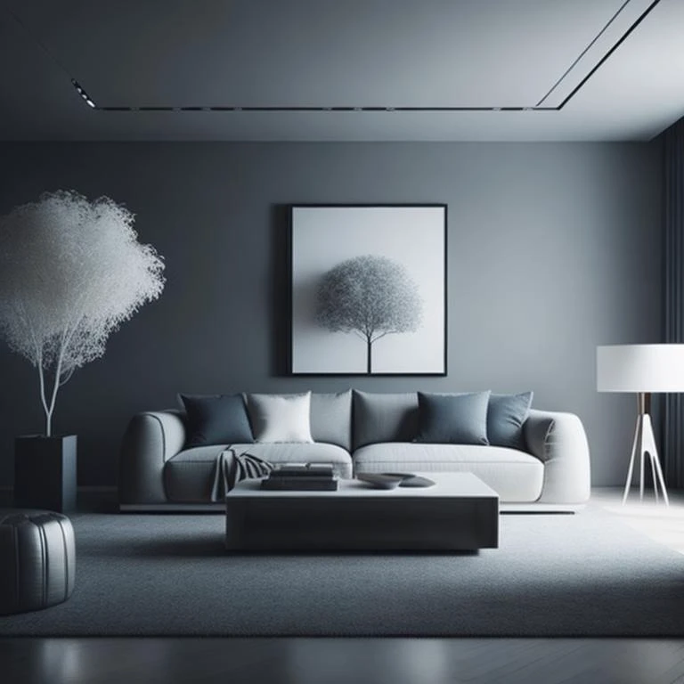 <lyco:Cinematic_Minimalist_interior_design:1.0>a modern gray room with a white tree dectoration, architecture, modern interior, 4k