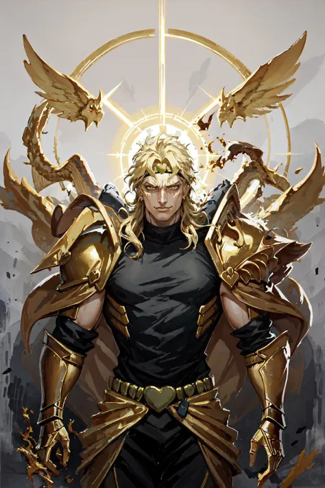 a man with a golden armor and a sword standing in front of a golden circle