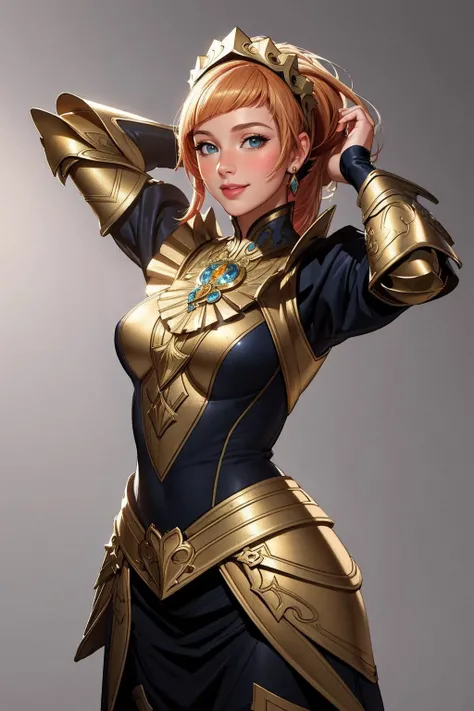 ((Masterpiece, best quality,edgQuality)),smiling,excited, <lora:edgNadiaGolden:0.5>
edgGolden, a woman dressed in golden armor ,wearing edgGolden,((cowboy shot))
 <lora:feliciaflora-nvwls-v1:0.8> fefelicia, blue gem, maid headdress, arms behind head