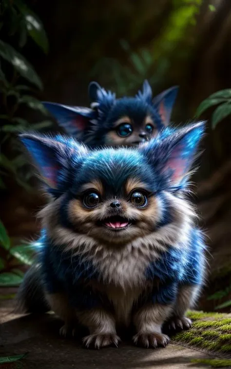 a close up of two small dogs sitting on top of a forest