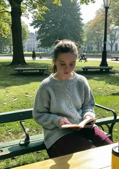 ((deep focus, crisp focus, digital sharpening,  jpg, grainy snapchat still, instagram post, blurry, motionblur:2, flat light , haze, blur , out of focus, slow shutter, high ISO:2))
video still, medium shot
cute, thick knitted sweater 
 busy public park, na...