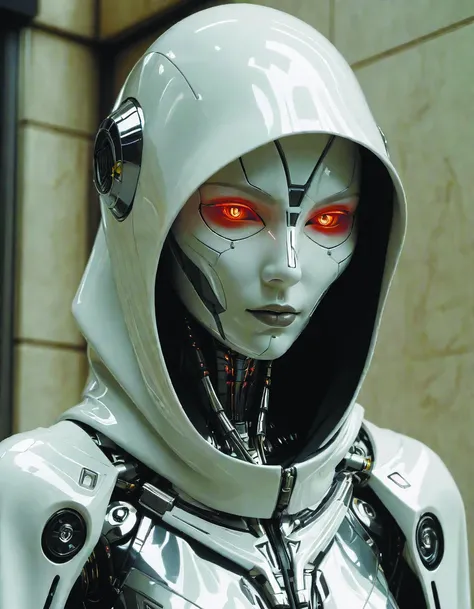 a close up of a robot with red eyes and a hood