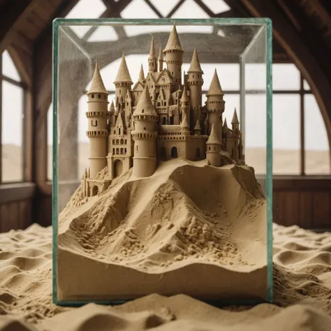 a close up of a sand castle in a glass box