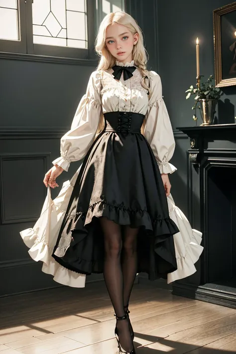 a woman in a black and white dress standing in a room