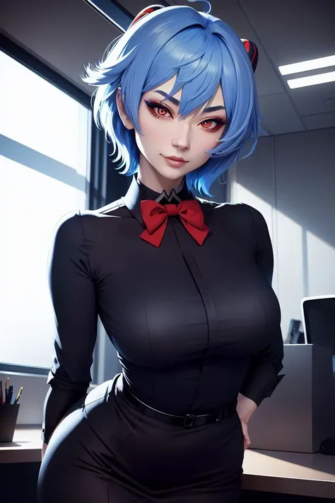 ganyu (genshin impact), (best quality), (masterpiece), 1girl, gorgeous, smug, naughty face, glowing eyes, short hair, (perfect eyes), bangs, blue hair, ((office lady)), model pose, slim figure, passionate, aesthetic, <lora:ganyuGenshinImpact_offset:0.8>