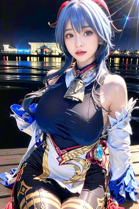 <lora:ganyuGenshinImpact_offset:1.66>,(ganyu (genshin impact):1.5), 1girl, ahoge, architecture, bangs, bare shoulders, bell, black gloves, black pantyhose, (blue hair), blush, breasts, chinese knot, detached sleeves, east asian architecture, flower knot, g...