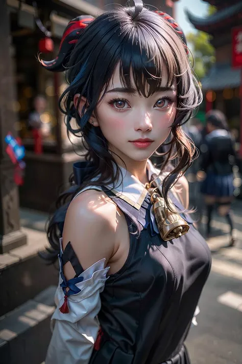 masterpiece, (photorealistic:1.5), best quality, beautiful lighting, real life, ganyu (genshin impact), 1girl, ahoge, architecture, bangs, schoolgirl uniform, bare shoulders, bell, black gloves, black pantyhose, (blue hair), blush, breasts, chinese knot, d...