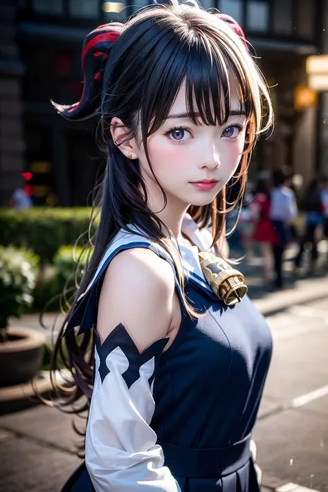 masterpiece, (photorealistic:1.5), best quality, beautiful lighting, real life, ganyu (genshin impact), 1girl, ahoge, architecture, bangs, schoolgirl uniform, bare shoulders, bell, black gloves, black pantyhose, (blue hair), blush, breasts, chinese knot, d...