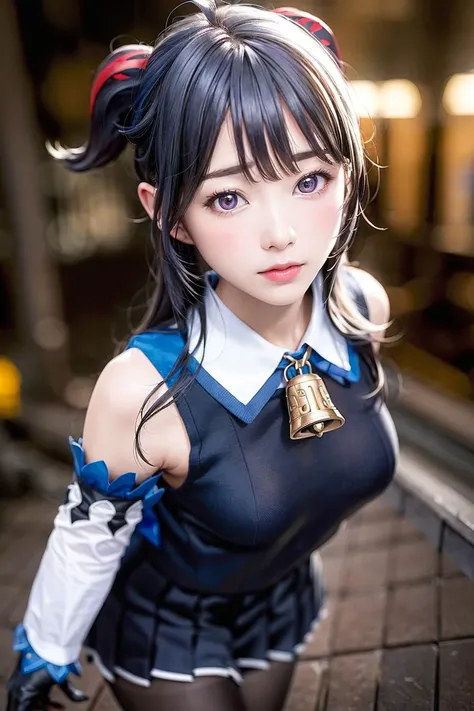 masterpiece, (photorealistic:1.5), best quality, beautiful lighting, real life, ganyu (genshin impact), 1girl, ahoge, architecture, bangs, schoolgirl uniform, bare shoulders, bell, black gloves, black pantyhose, (blue hair), blush, breasts, chinese knot, d...