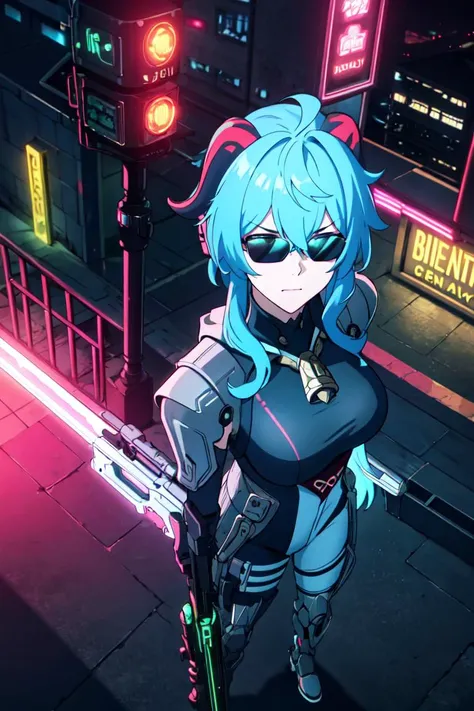 1girl,  solo,  city lights, (cyberpunk, cyberpunk style), from from above, 
<lora:ganyu_ned2_offset:0.7>, ganyu (genshin impact), blue hair, horns, long hair, bangs, headphones, breasts,  
sunglasses, black_sunglasses, covering eyes, hoodie, 
gun, weapon, ...