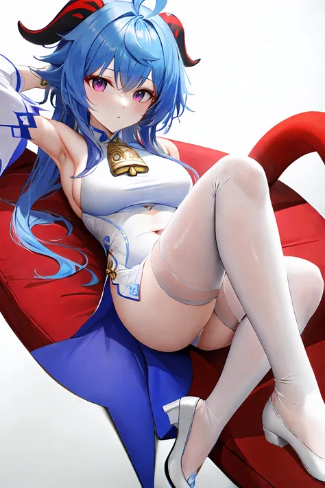 1girl, ahoge, armpits, bare shoulders, bell, blue hair, breasts, covered navel, detached sleeves, (white dress:1.8), ganyu (genshin impact), gloves, goat horns, highleg, horns, long hair, looking at viewer, medium breasts, pelvic curtain, purple eyes, side...