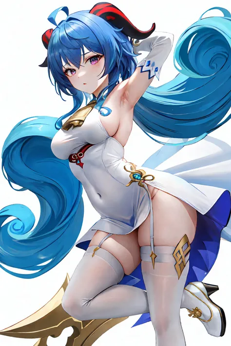 1girl, ahoge, armpits, bare shoulders, bell, blue hair, breasts, covered navel, detached sleeves, (white dress:1.8), ganyu (genshin impact), gloves, goat horns, highleg, horns, long hair, looking at viewer, medium breasts, pelvic curtain, purple eyes, side...