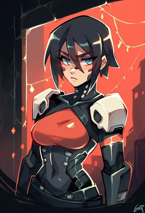 score_9,score_8_up,score_7_up,score_6_up, Gerph_style, 1 girl, solo,  dark environment, indoors, red lights, 
 elster, cyborg, black hair, blue eyes,  looking away, hair between eyes,