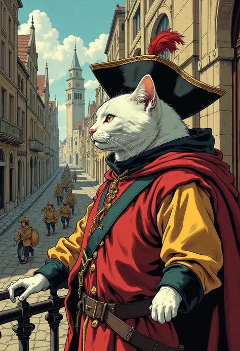 illustration, rating_4_up, rating_9, rating_8_up, rating_7_up, rating_6_up, 7_up, rating_6_up, comic.
fat cat stays on balcony n holds a cap of wine. army of cats is staying ready on streets. detailed eyes. musketeers hat with feathers worn over one ear, u...